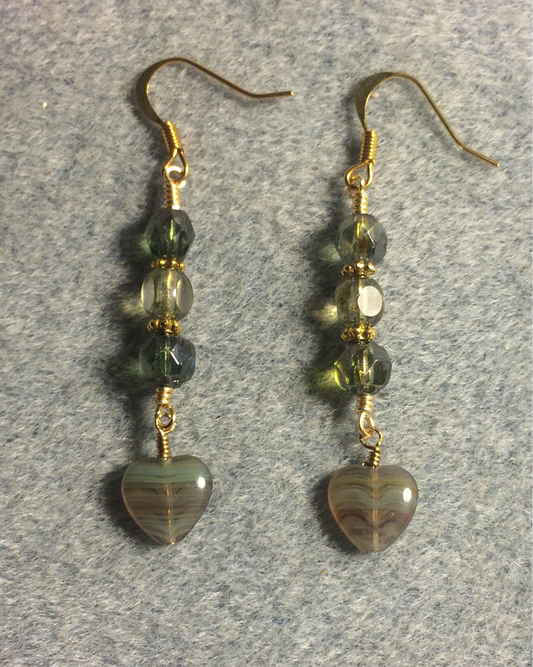 Small green Czech glass heart bead earrings adorned with green Czech glass beads.