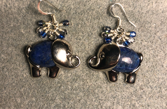 Large silver and blue lapis lazuli gemstone elephant charm earrings adorned with small dangling dark blue and silver Czech glass beads.