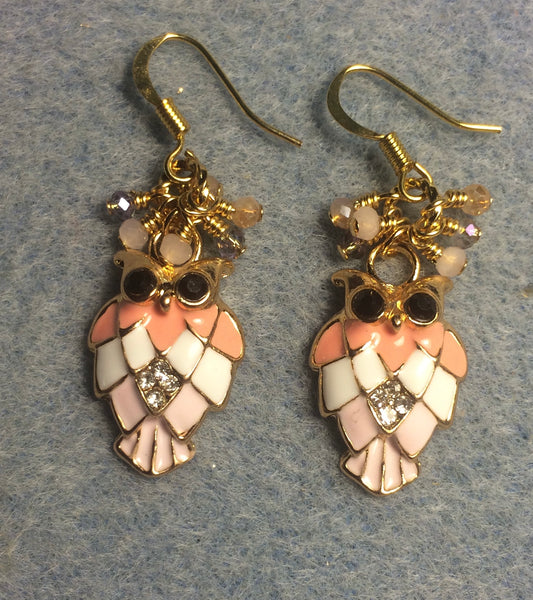 Peach and pink enamel owl charm earrings adorned with tiny dangling peach, pink, and clear Chinese crystal beads.