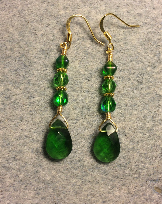 Emerald green Czech glass briolette bead earrings adorned with emerald green Czech glass beads.