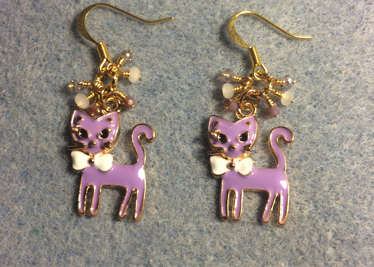 Violet and white enamel and rhinestone cat charm earrings adorned with small dangling violet and white Chinese crystal beads.