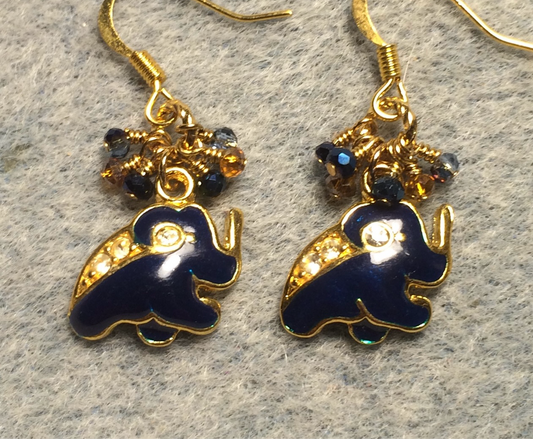 Vintage dark blue enamel and rhinestone elephant charm earrings adorned with tiny dangling dark blue and amber Chinese crystal beads.