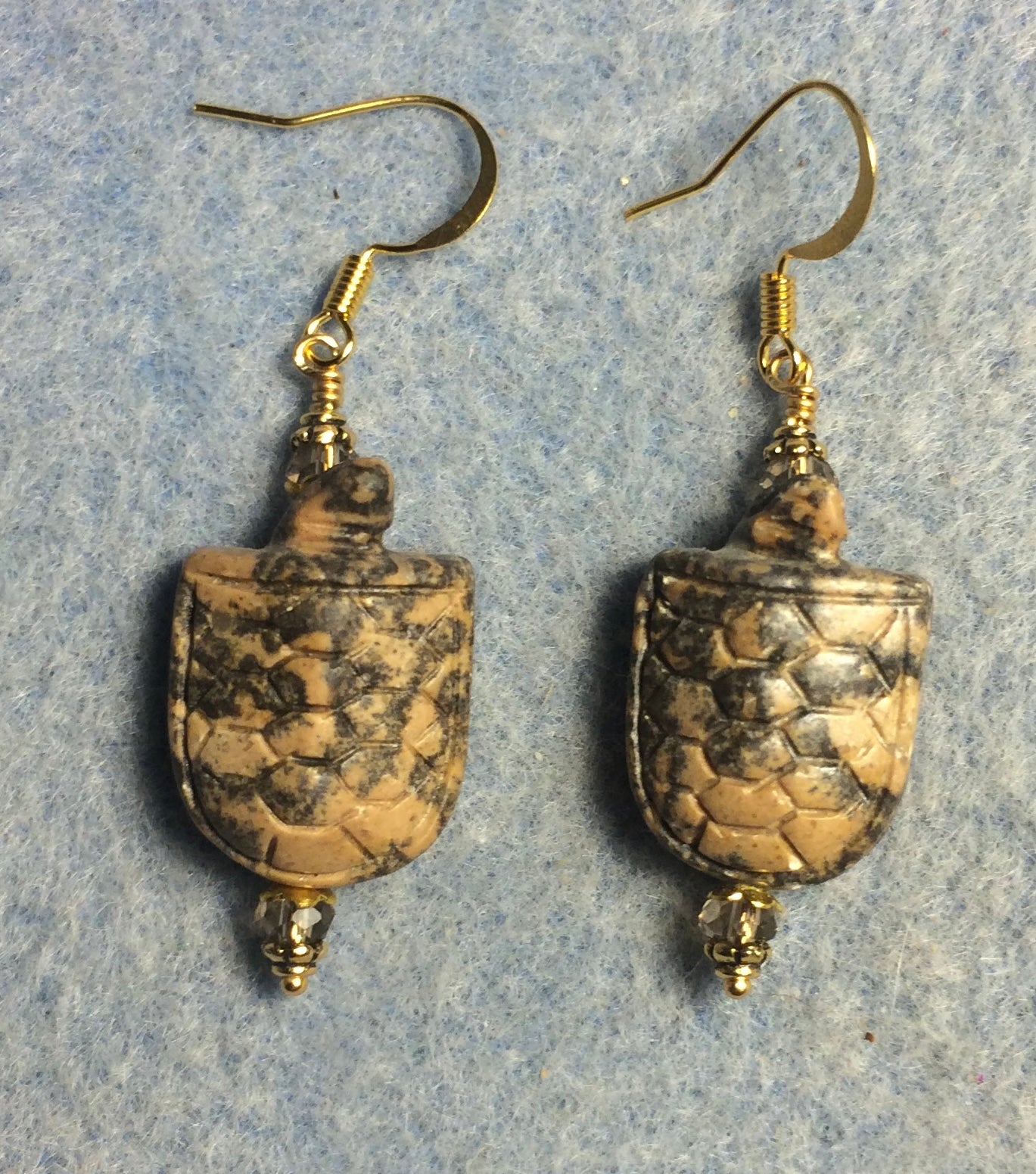 Leopardskin jasper gemstone turtle bead earrings adorned with gray Chinese crystal beads.