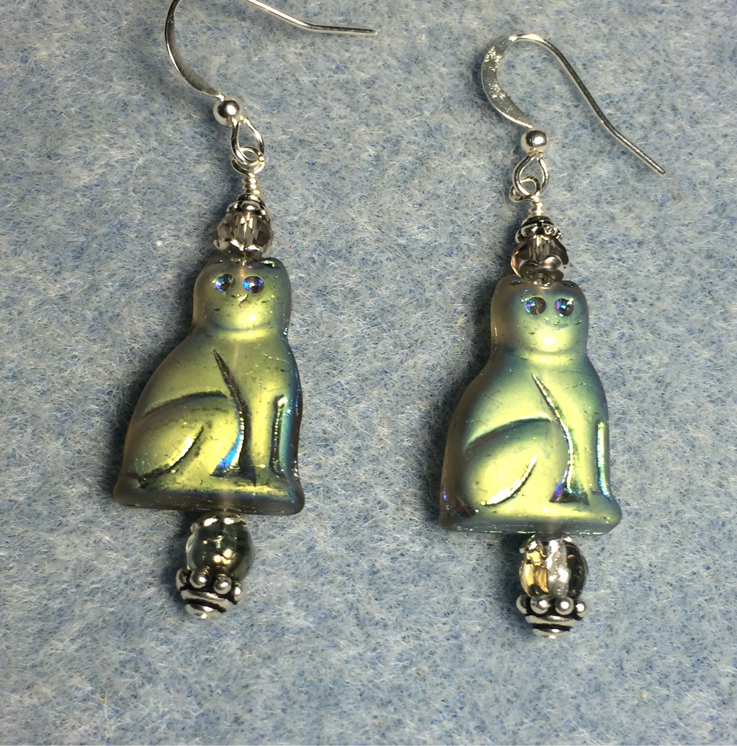 Metallic gray Czech glass cat bead earrings adorned with clear gray Czech glass beads.