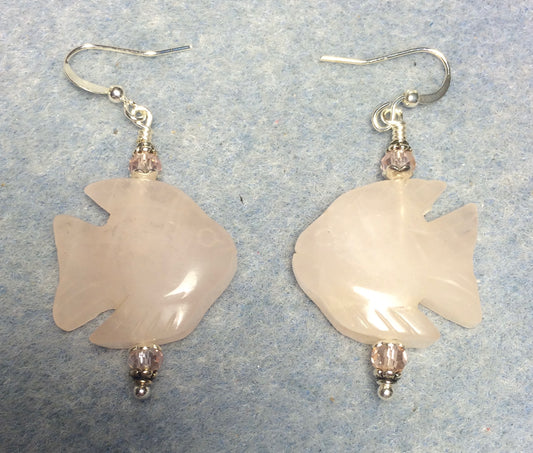 Large rose quartz gemstone angelfish bead earrings adorned with pink Chinese crystal beads.