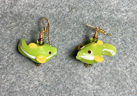 Lime green and yellow lamp work fish bead earrings adorned with lime green Chinese crystal beads.