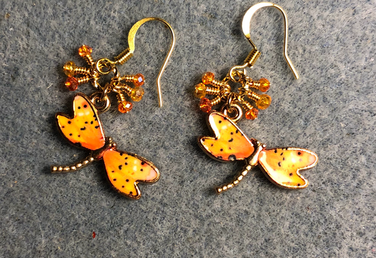 Orange and yellow enamel spotted dragonfly charm earrings adorned with tiny dangling orange and yellow Chinese crystal beads.