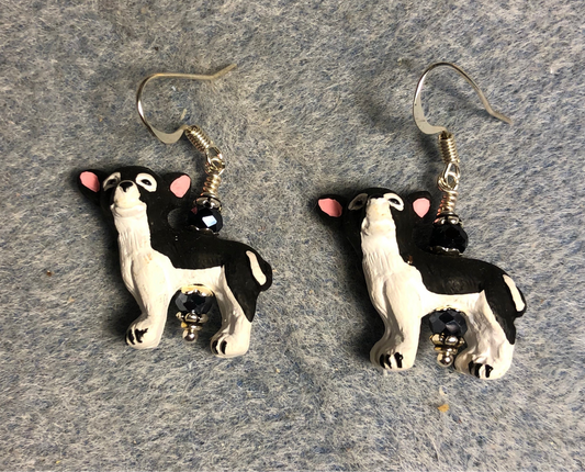 Black and white ceramic chihuahua bead earrings adorned with black Chinese crystal beads.
