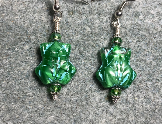 Green (with blue wash) Czech glass frog bead earrings adorned with green Chinese crystal beads.