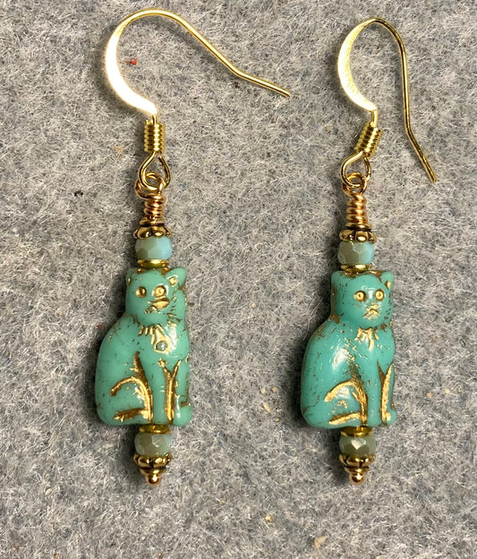 Small opaque turquoise (with gold inlay) Czech glass cat bead earrings adorned with turquoise Chinese crystal beads.