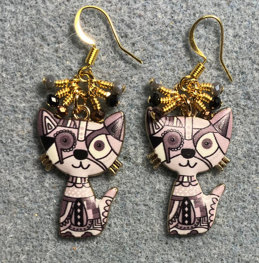Brown, gray, and beige enamel cat charm earrings adorned with tiny dangling brown, black, and gray Chinese crystal beads.