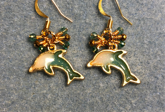 Teal and gold resin dolphin charm earrings adorned with tiny dangling teal and gold Chinese crystal beads.