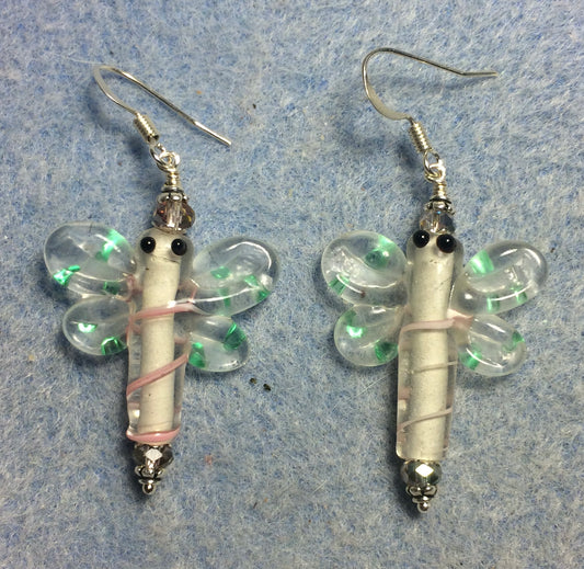Clear, pink, and green lamp work dragonfly bead earrings adorned with clear Chinese crystal beads.