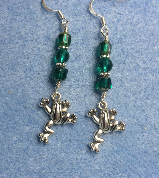 Silver Tierracast frog charm earrings adorned with teal Czech glass beads