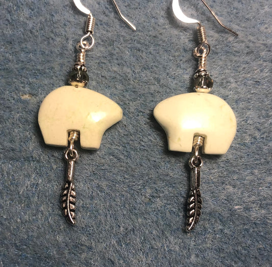 Lemon chrysoprase gemstone Zuni bear fetish bear earrings adorned with sparkly green crystal beads and tiny silver feather charms.