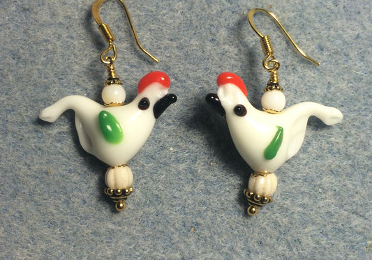 Opaque white red crested lamp work songbird bead earrings adorned with white Czech glass beads.