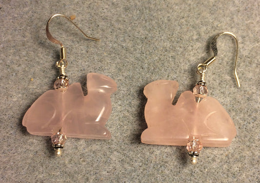 Pink rose quartz gemstone camel bead earrings adorned with pink Chinese crystal beads.