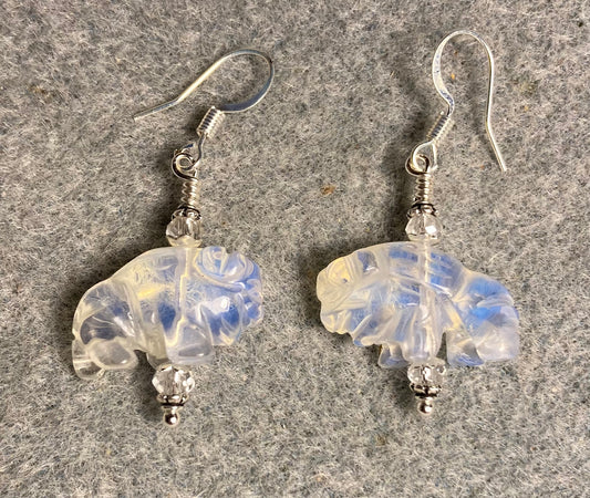 Opalite gemstone buffalo bead earrings adorned with white Chinese crystal beads.