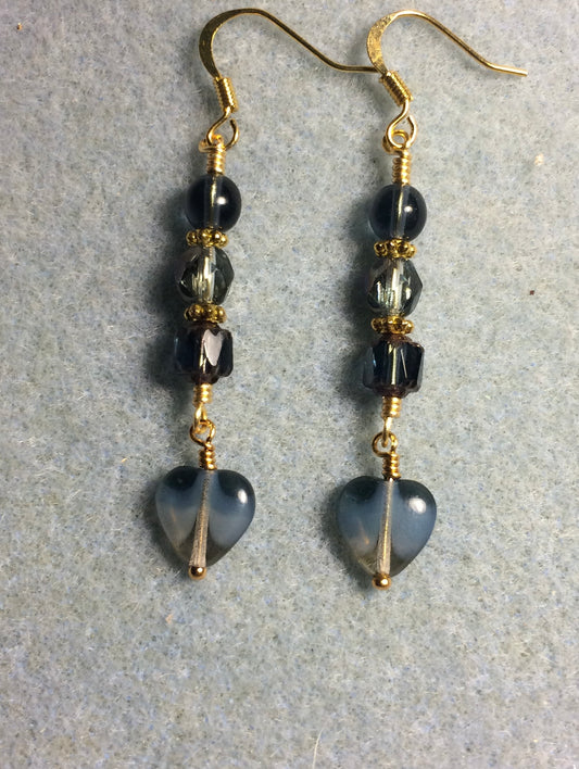 Small milky Montana blue Czech glass heart bead earrings adorned with Montana blue Czech glass beads.