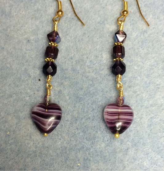 Small vintage purple Czech glass heart bead earrings adorned with dark purple Czech glass beads.