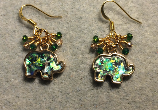 Gold and imitation opal elephant charm earrings adorned with tiny dangling green and gold Chinese crystal beads.