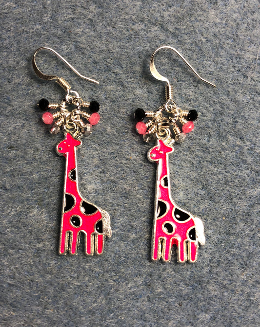 Hot pink and black enamel spotted giraffe charm earrings adorned with tiny dangling hot pink, silver, and black Chinese crystal beads.