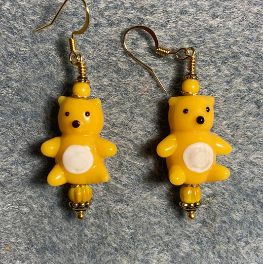 Large golden yellow and white lamp work teddy bear bead earrings adorned with golden yellow Czech glass beads.