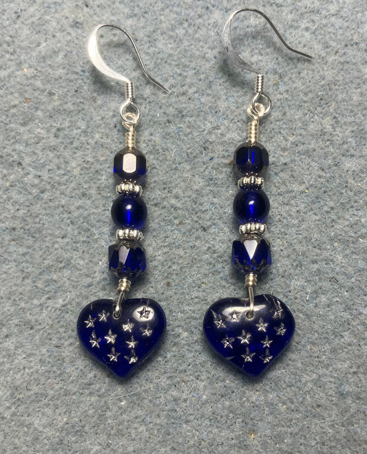 Dark blue Czech glass heart bead earrings adorned with dark blue Czech glass beads.