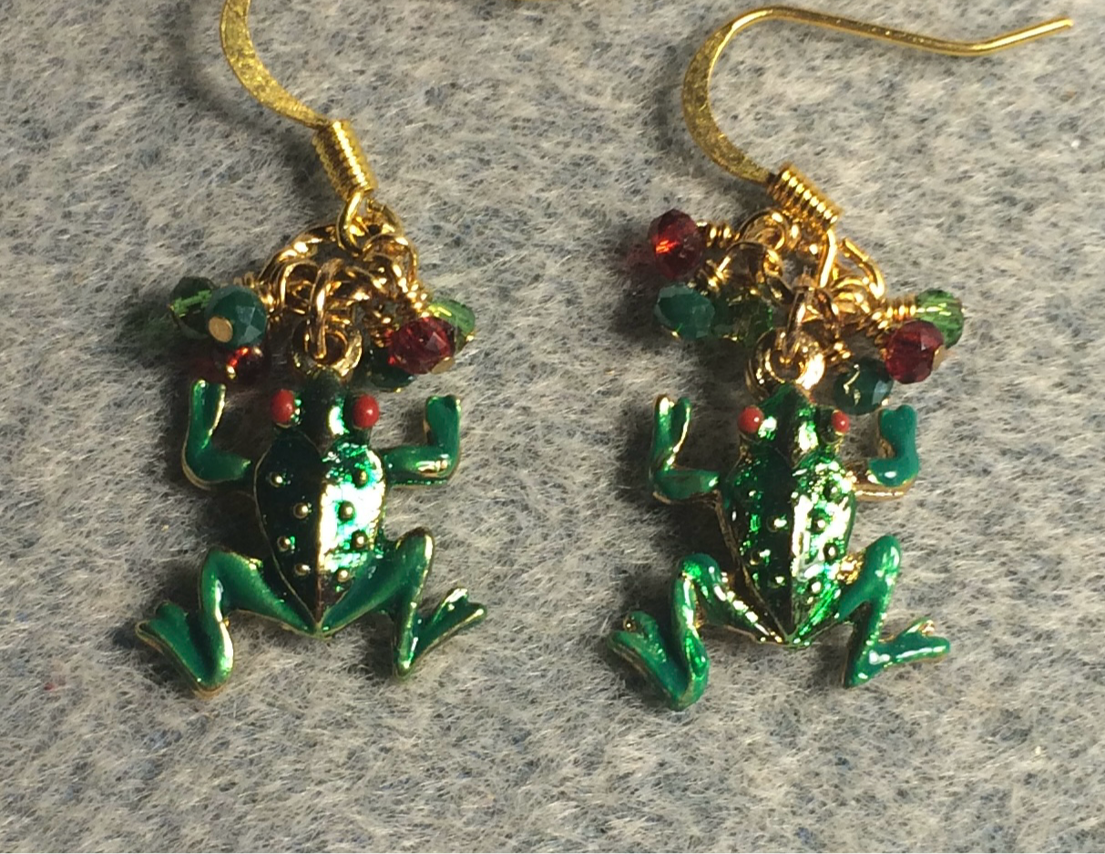 Green and red enamel frog charm earrings adorned with tiny dangling green and red Chinese crystal beads.