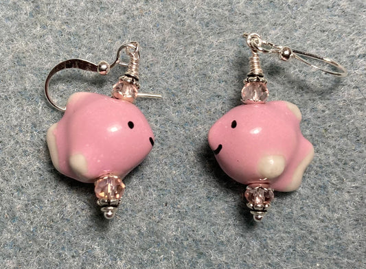 Small pink ceramic fish bead earrings adorned with pink Chinese crystal beads.
