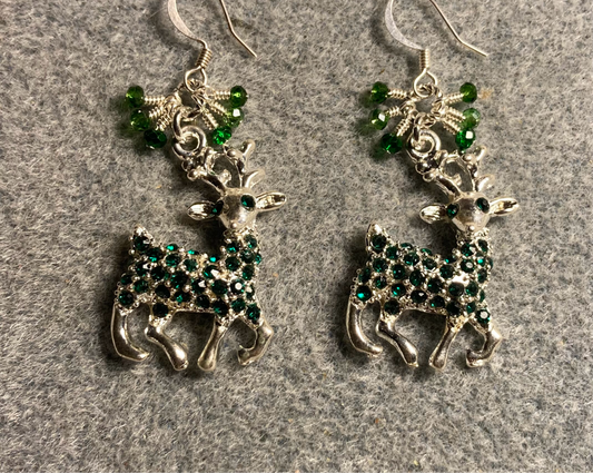 Silver with green rhinestones reindeer charm earrings adorned with tiny dangling green Chinese crystal beads.