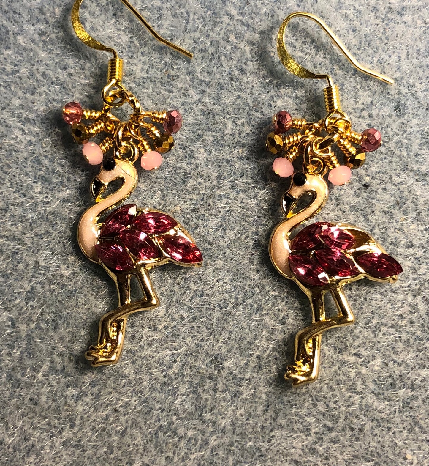 Pink enamel and rhinestone flamingo charm earrings adorned with tiny dangling pink, gold, and rose Chinese crystal beads.