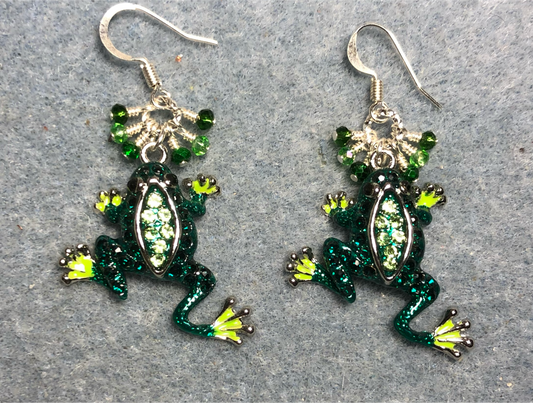 Dark green and light green enamel and rhinestone frog charm earrings adorned with tiny dangling dark green and light green Chinese crystal beads.