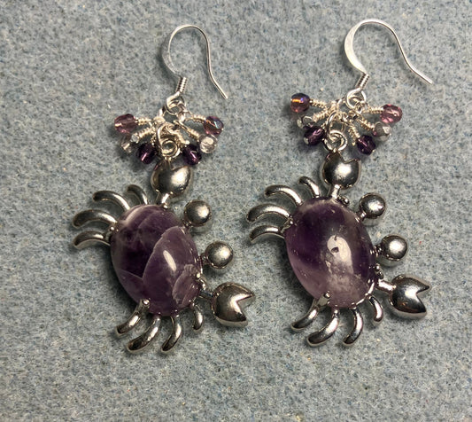 Silver and amethyst gemstone crab charm earrings adorned with small dangling purple and silver Czech glass beads.