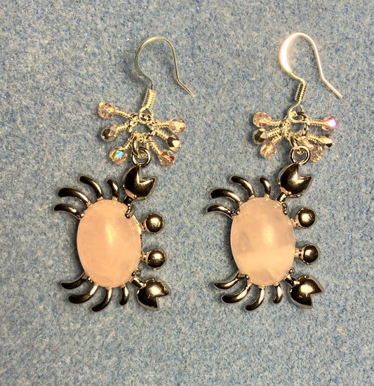 Large silver and pink rose quartz gemstone crab charm earrings adorned with small dangling pink and silver Czech glass beads.