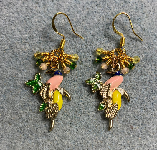 Peach, yellow, and green enamel toucan charm earrings adorned with tiny dangling peach, yellow, and green Chinese crystal beads.