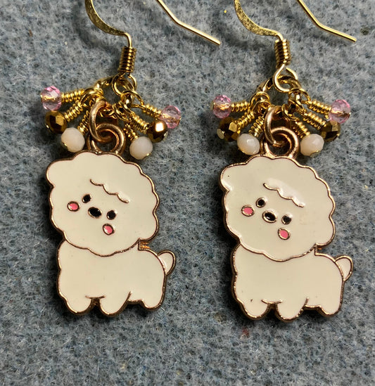 White, pink, and gold enamel puppy dog charm earrings adorned with tiny dangling white, pink, and gold Chinese crystal beads.