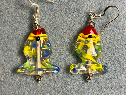 Colorful yellow, red, and blue lamp work fish bead earrings adorned with clear Chinese crystal beads.