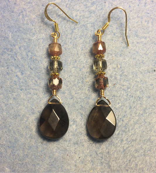 Gray brown Czech glass briolette bead earrings adorned with gray and brown Czech glass Cathedral beads.