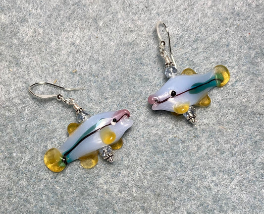 Light blue and pink lamp work spotted fish bead earrings adorned with light blue Chinese crystal beads.