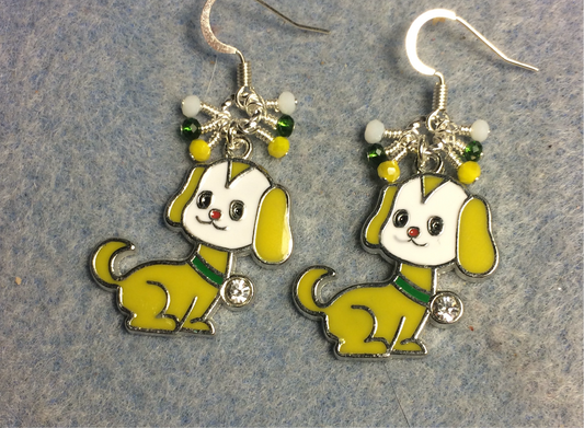 Yellow and white enamel puppy dog charm earrings adorned with tiny dangling yellow, white, and green Chinese crystal beads.