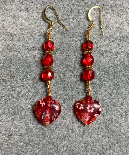 Red millefiori Czech glass heart bead earrings adorned with red Czech glass beads.