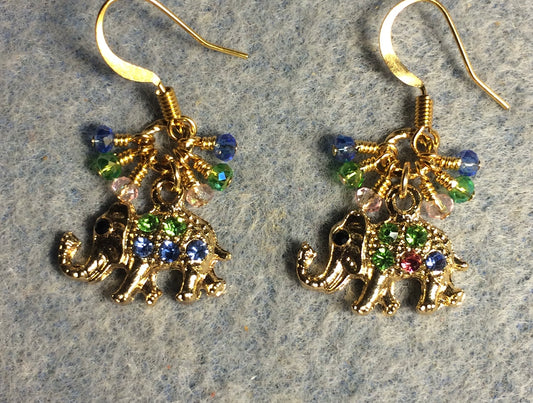 Gold and colorful rhinestone elephant charm earrings adorned with tiny dangling pink, green, and blue Chinese crystal beads.