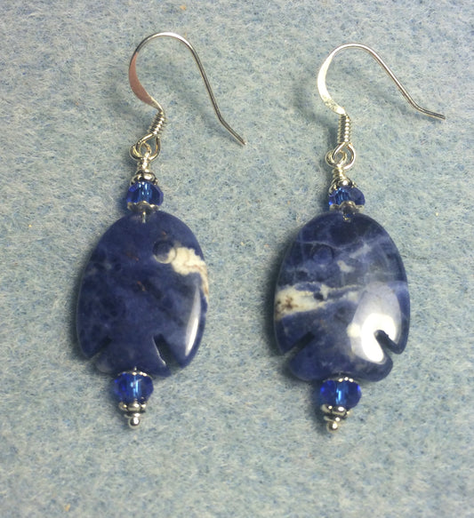Blue sodalite gemstone fish bead earrings adorned with dark blue Chinese crystal beads.