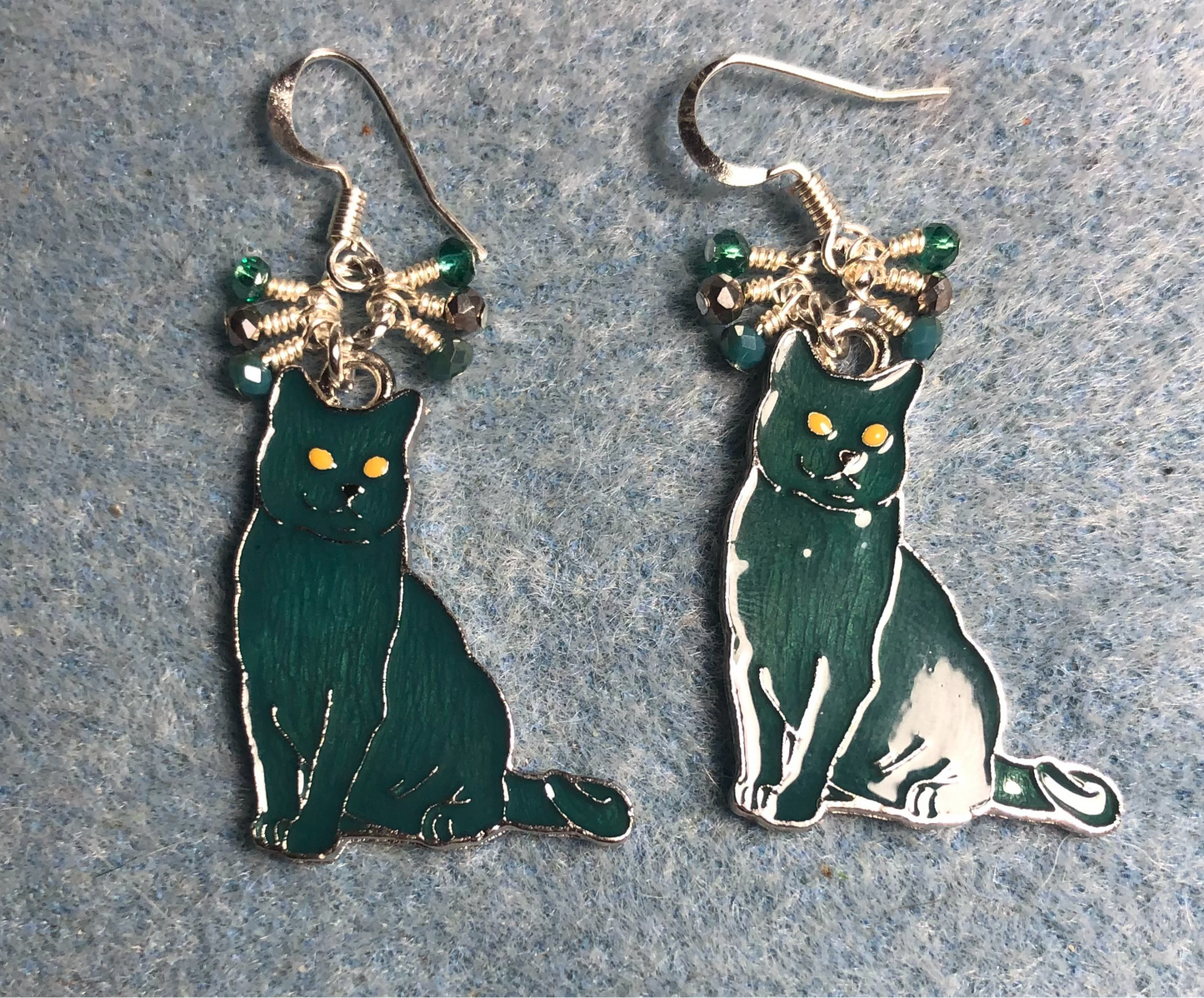 Teal and silver enamel Russian Blue cat charm earrings adorned with tiny dangling teal and silver Chinese crystal beads.
