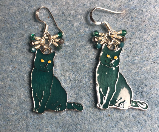 Teal and silver enamel Russian Blue cat charm earrings adorned with tiny dangling teal and silver Chinese crystal beads.