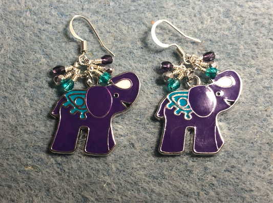 Purple and turquoise enamel elephant charm earrings adorned with tiny dangling purple, turquoise, and silver Czech glass beads.