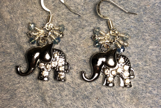 Silver rhinestone elephant charm earrings adorned with tiny dangling gray and clear Chinese crystal beads.