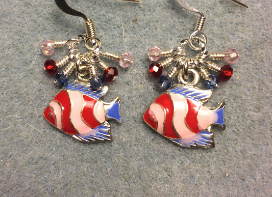 Red, pink, and blue enamel striped fish charm earrings adorned with tiny dangling red, pink, and blue Chinese crystal beads.