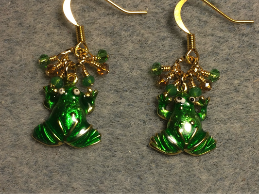 Green enamel frog charm earrings adorned with tiny dangling green and amber Chinese crystal beads.